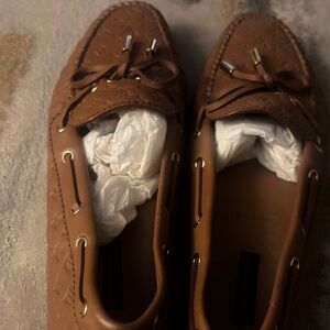 Louis Vuitton Tan Loafers with Gold Accents
